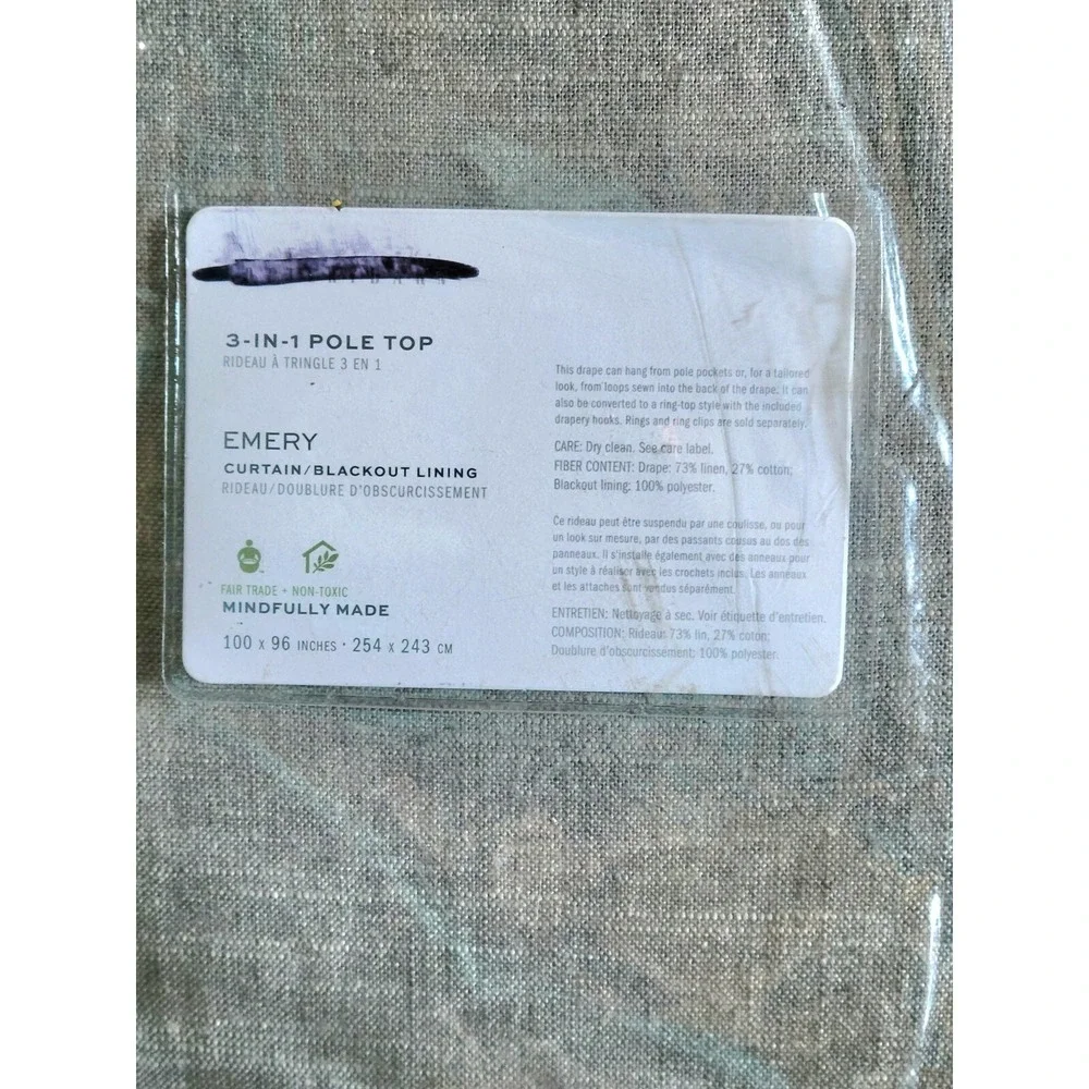 New Pottery Barn Grey Emery Blackout-Lined Curtain Panel 3 in 1 Pole Top 100